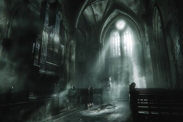 Poster - Eerie, Foggy Interior of an Old Church with Pipe Organ and Stained Glass Window.