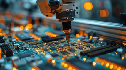 Poster - A robotic arm works on a circuit board, placing a component in the center of the board. The arm is in focus, while the circuit board is slightly blurred.