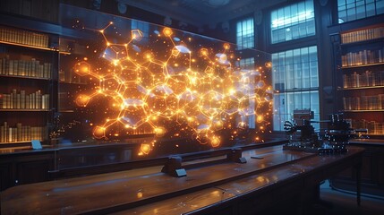 Poster - A low-angle dolly shot of a glass screen displaying a glowing network of lights, positioned in front of bookshelves in a dark library.