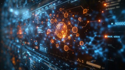 Poster - A low angle dolly shot of a futuristic digital network interface with a glowing globe at its center, connected to other glowing nodes by illuminated lines.