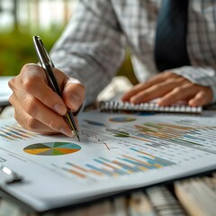Poster - Detailed Financial Reports and Charts on Businessperson s Desk Analyzing Business Data