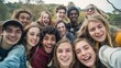 © Johannes - Big group of friends taking selfie picture smiling at camera - Laughing young people celebrating standing outside and having fun - Portrait photography of teens guys and girls enjoying vacation