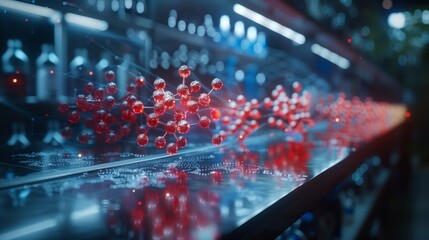 Poster - A dolly shot moves along a metallic surface, revealing interconnected red molecular structures lit by a blue glow, for a futuristic feel