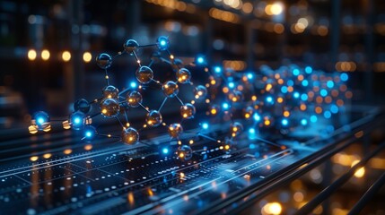 Poster - A low angle shot of a molecular structure, lit with blue and yellow lights, moves forward over a dark blue, metallic surface.