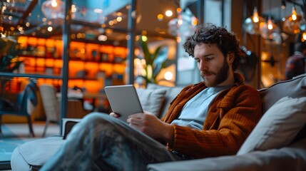 Poster - relaxed businessman working on tablet in cozy lounge setting with copy space