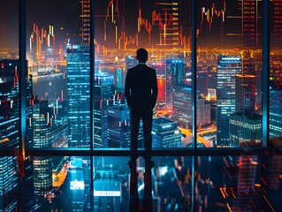 Poster - businessman silhouette overlooking futuristic city at night analyzing financial market data on digit