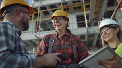 Poster - Construction, teamwork, and pals giggling on a tablet during an architecture project. Building or portrait of an engineer, designer, and technician laughing.