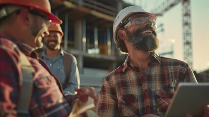 Poster - Construction, teamwork, and pals giggling on a tablet during an architecture project. Building or portrait of an engineer, designer, and technician laughing.