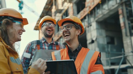 Poster - Construction, teamwork, and pals giggling on a tablet during an architecture project. Building or portrait of an engineer, designer, and technician laughing.