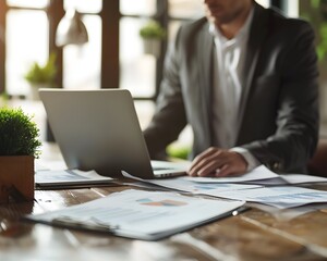 Poster - Efficient Business with Desk Paperwork and Laptop Management