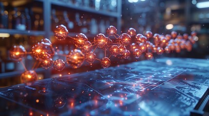 Poster - A glowing molecular structure floats over a futuristic, blue surface. The camera moves forward, capturing the intricate details of the structure.