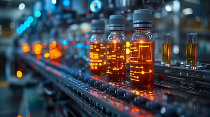 Poster - Bottles with digital displays move along a conveyor belt in a factory setting.