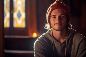 Wall Mural - Portrait of a blissful man in his 20s donning a warm wool beanie in serene meditation room