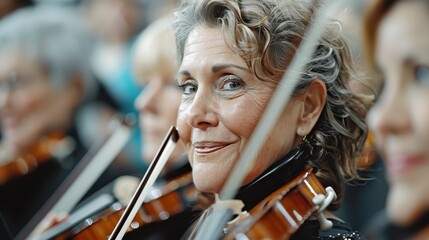 A smiling woman with curly hair plays the violin while looking directly at the camera. She is part of an orchestra ensemble, with other musicians visible in the background.