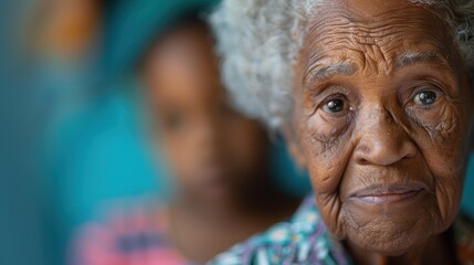 A close-up portrait of an elderly woman with deep wrinkles and white hair, standing in front, with a young person blurred in the background, reflecting generational connection.