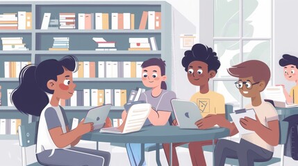 Poster - A group of young students collaborate on schoolwork at a library, using laptops and discussing ideas.