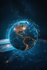 Wall Mural - a blue planet with a network of lines surrounding it. the planet is surrounded by a starry sky