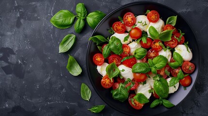 Wall Mural - Elegant black plate with mozzarella, basil, and cherry tomatoes arranged from above. Perfect for food blogs with space for text.