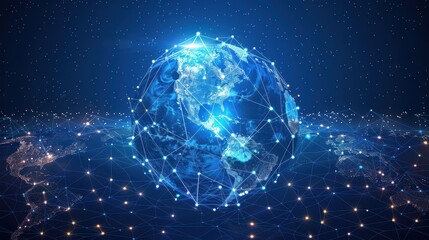 Wall Mural - a blue planet with a network of lines surrounding it. the planet is surrounded by a starry sky