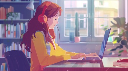 Aufkleber - A young woman wearing headphones concentrates on her laptop while studying in a well-lit, plant-filled workspace.
