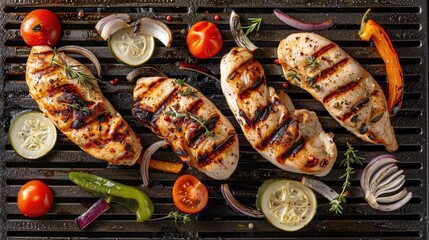 Wall Mural - Flat lay of chicken breast and vegetables on the BBQ grill. Perfect for illustrating grilled meals and summer cookouts.