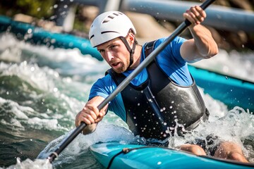 Wall Mural - Close-up of a man athlete in a canoe canoeing at a slalom competition