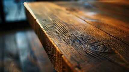 Wall Mural - Close up macro shot of a corner wooden table in a room with selective focus