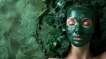 Opulent 3D Rendering of Radiant Skin with Spirulina Extract and Surrounding Spirulina Powder and Algae for Health Advertising