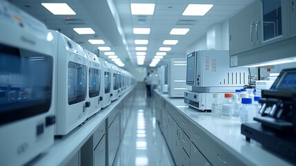 Poster - A long hallway in a high-tech CRISPR laboratory with rows of equipment and a lone figure in the distance.