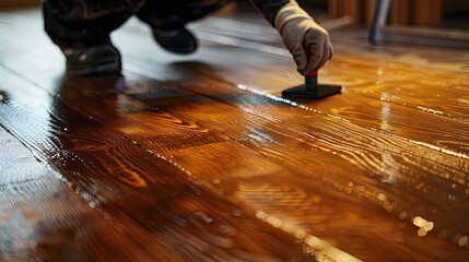 wood floor being lacquered, emphasizing the smooth and polished finish achieved