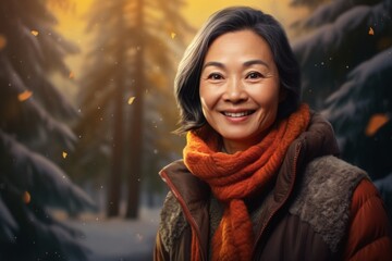 Poster - Portrait of a smiling asian woman in her 50s dressed in a warm wool sweater in backdrop of a mystical forest