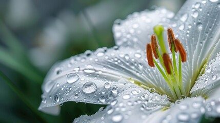 An intricate macro shot showcasing a pristine white lily with its petals richly decorated with water droplets, and strikingly contrasting orange stamens, emanating purity and vibrance.