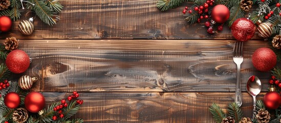Poster - A new year wooden backdrop with festive cutlery and Christmas ornaments featuring a copy space image for custom designs ideal for holiday dinner themes