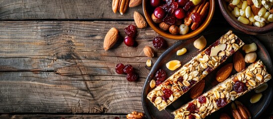Aufkleber - A selection of granola bars with nuts cereals and cranberries is arranged on a wooden table It is a healthy vegan snack option The top view showcases the bars with space for additional content