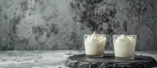 Fototapete - Greek yogurt in glass jars presented on a gray stone background with a yogurt maker Enhancing the concept of healthy food with a copy space image