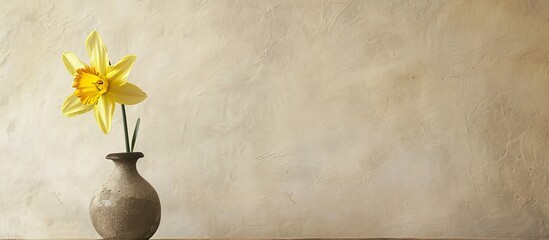Poster - A single daffodil in a vase set against a blank wall perfect copy space image
