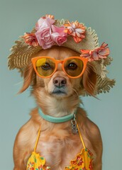 Wall Mural - Yellow Dog Wearing Floral Hat and Orange Sunglasses in Summer Outfit