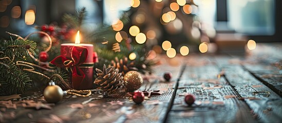 Aufkleber - Holiday preparation displayed with Christmas decoration in focus on a wooden desk providing a festive copy space image