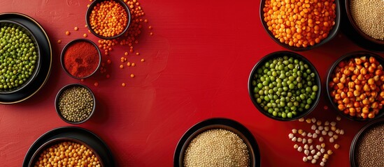 Aufkleber - A high quality photo of round bowls filled with legumes like chickpeas lentils and peas on a red backdrop with a plate featuring a bowl with copy space image