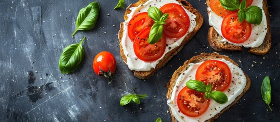 Aufkleber - Healthy breakfast recipe featuring rye toast with cream cheese tomatoes and basil captured in a top view copy space image