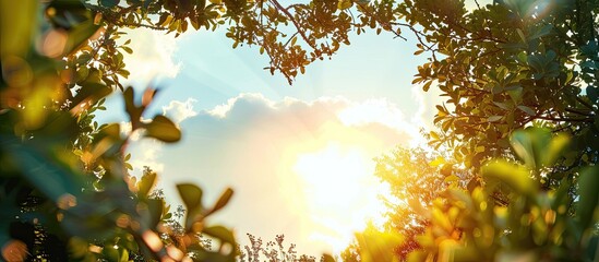 Sticker - A heart shaped copy space image framed by tree branches leaves and sunlight in a garden against a sky backdrop