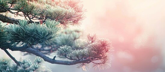 Fototapete - A pine tree is caught in soft pink white sunlight with a faded tone creating a serene atmosphere in the copy space image