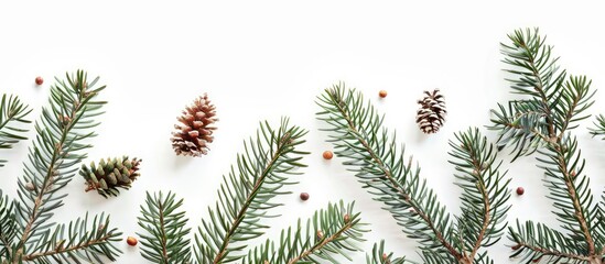 Aufkleber - Festive Christmas decor with evergreen branches on a white backdrop Top down view for a design with a copy space image for a holiday or winter theme