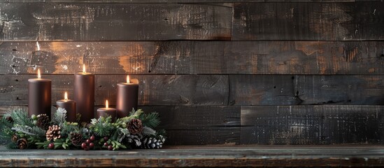 Aufkleber - Old wooden table with an advent wreath featuring four candles creating a cozy festive atmosphere with a rustic backdrop for copy space image