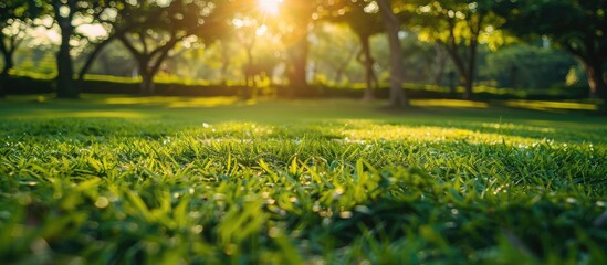 Aufkleber - Green grass fields and fresh tree plants in a public park under beautiful morning light provide a versatile copy space image background