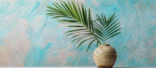 Canvas Print - Tropical Date palm leaf displayed in a vase on a table with available copy space image