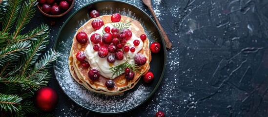 Poster - Festive winter breakfast or brunch option cranberry pancakes topped with vanilla cream and fresh berries perfect for Christmas or New Year s with space for image placement. Creative banner