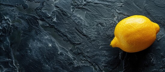 Canvas Print - Yellow ripe lemon on a dark stone background with copy space image