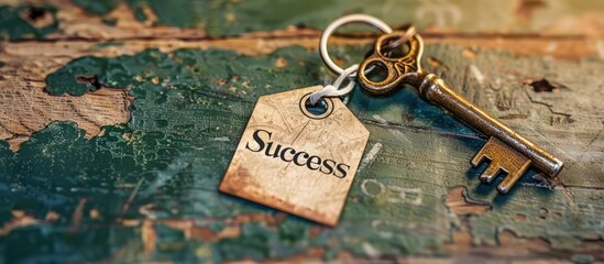 Poster - A vintage brass key and tag labeled Success are displayed on a wooden table against a green backdrop in a visual representing business or financial success with copy space image
