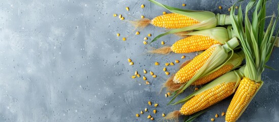 Sticker - Yellow corn cobs arranged on a gray table with a copy space image